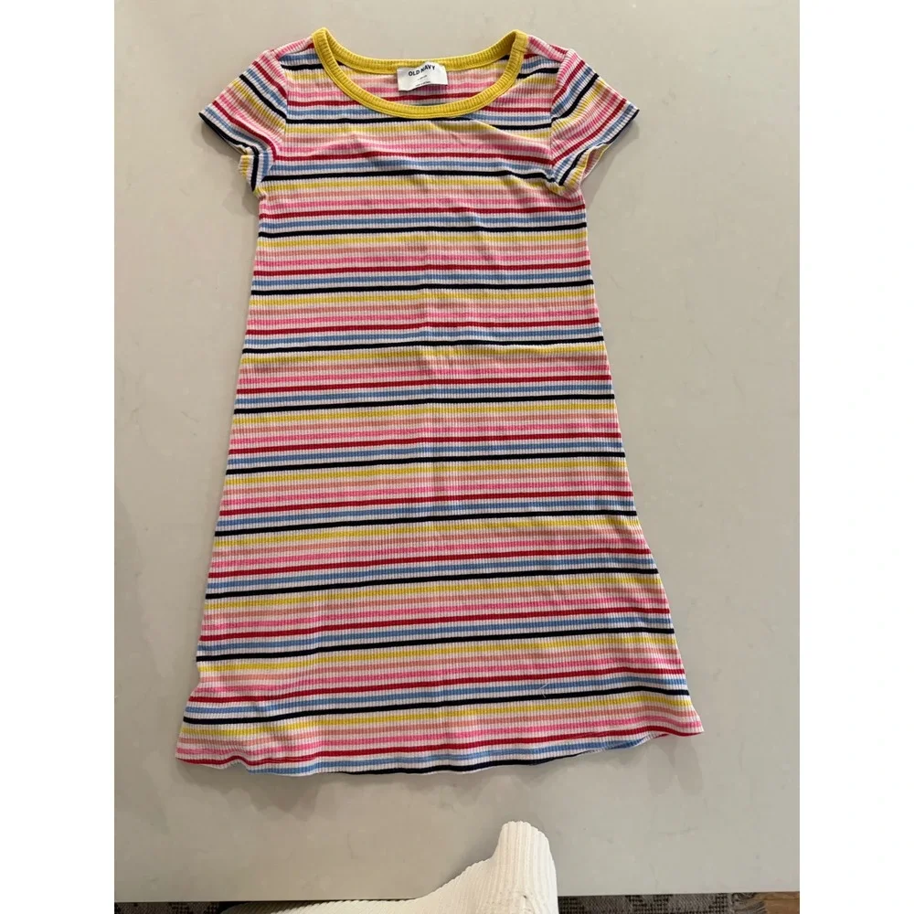Old Navy Girls Rib-Knit Multi-Color Striped Short Sleeve Swing Dress L 10-12